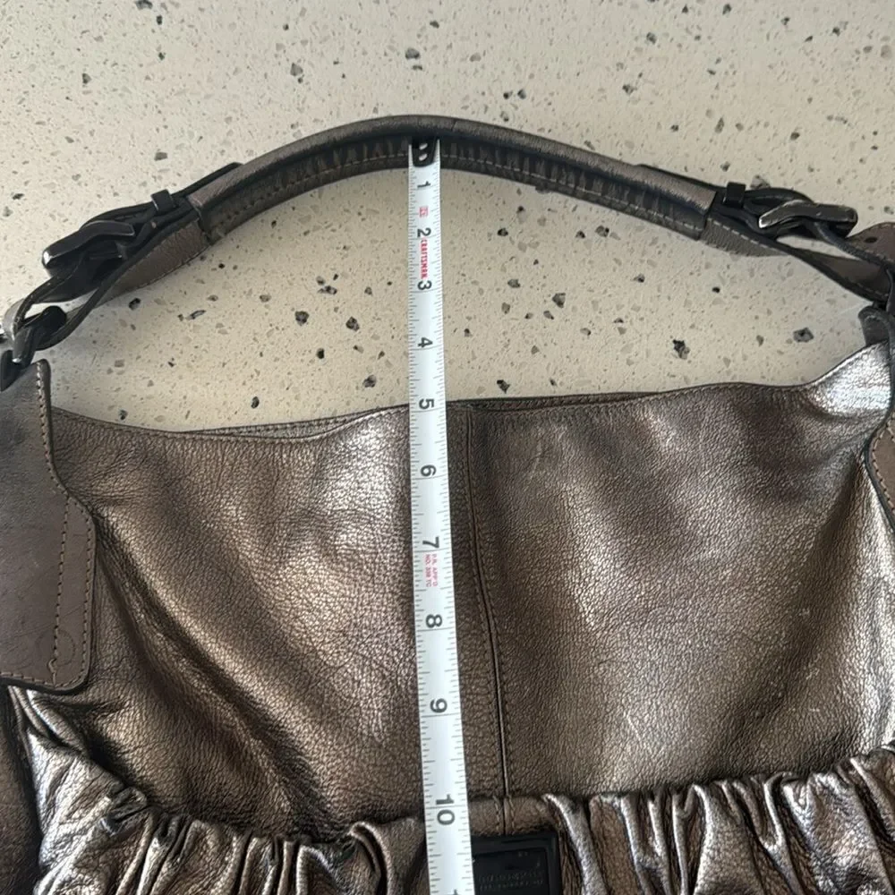 Burberry Warrior Metallic Pewter Leather Satchel Shoulder Handbag Hobo Ruched